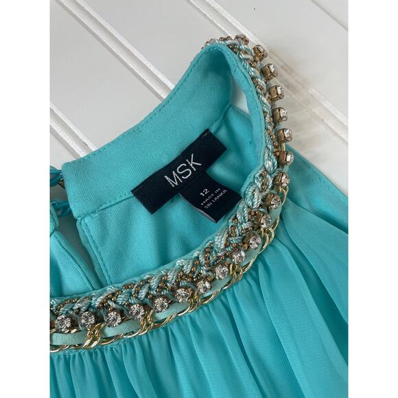 MSK Blue Halter Jeweled Handkerchief Hem Midi Dress Party Cocktail Size 12 - Picture 5 of 6